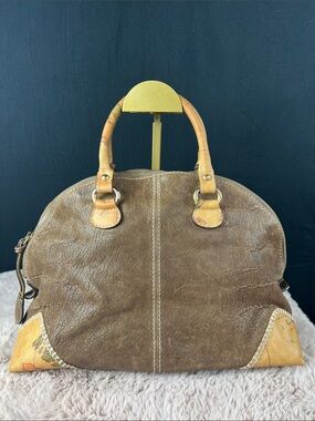 Alviero Martini 1ª Classe Geo Map Leather Bauletto Satchel Large Made in Italy